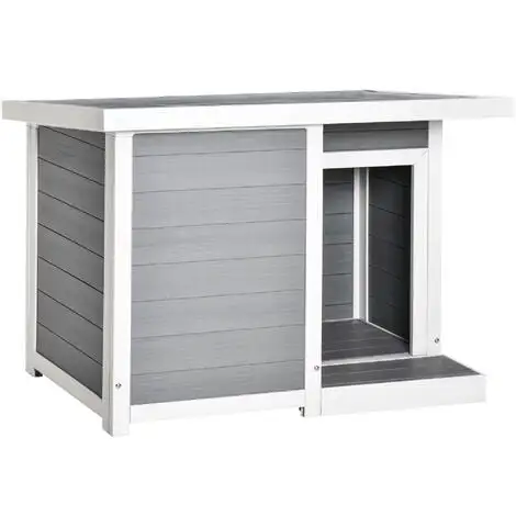 PawHut Niche Chien Style Cottage Dim. 102L X 70l X 73H Cm - Porte, Terrasse, Toit Ouvrant - Bois Composite Blanc Gris - Gris 1 PawHut Niche Chien Style Cottage Dim. 102L X 70l X 73H Cm - Porte, Terrasse, Toit Ouvrant - Bois Composite Blanc Gris - Gris