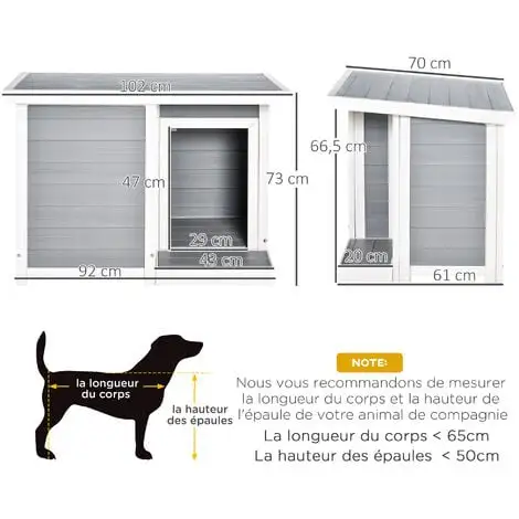 PawHut Niche Chien Style Cottage Dim. 102L X 70l X 73H Cm - Porte, Terrasse, Toit Ouvrant - Bois Composite Blanc Gris - Gris 3 PawHut Niche Chien Style Cottage Dim. 102L X 70l X 73H Cm - Porte, Terrasse, Toit Ouvrant - Bois Composite Blanc Gris - Gris – Image 3