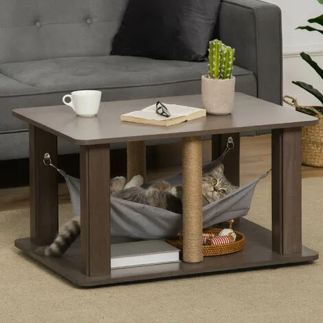 PawHut Table Basse Arbre à Chat 2 En 1 - Centre D'activités Avec Hamac, Griffoirs - Dim. 79L X 59l X 45,5H Cm - Polyester Aspect Bois Gris - Gris 2 PawHut Table Basse Arbre à Chat 2 En 1 - Centre D'activités Avec Hamac, Griffoirs - Dim. 79L X 59l X 45,5H Cm - Polyester Aspect Bois Gris - Gris – Image 2