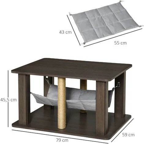 PawHut Table Basse Arbre à Chat 2 En 1 - Centre D'activités Avec Hamac, Griffoirs - Dim. 79L X 59l X 45,5H Cm - Polyester Aspect Bois Gris - Gris 3 PawHut Table Basse Arbre à Chat 2 En 1 - Centre D'activités Avec Hamac, Griffoirs - Dim. 79L X 59l X 45,5H Cm - Polyester Aspect Bois Gris - Gris – Image 3