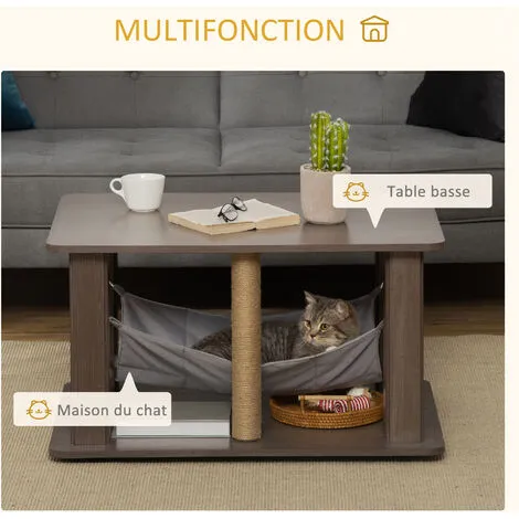 PawHut Table Basse Arbre à Chat 2 En 1 - Centre D'activités Avec Hamac, Griffoirs - Dim. 79L X 59l X 45,5H Cm - Polyester Aspect Bois Gris - Gris 4 PawHut Table Basse Arbre à Chat 2 En 1 - Centre D'activités Avec Hamac, Griffoirs - Dim. 79L X 59l X 45,5H Cm - Polyester Aspect Bois Gris - Gris – Image 4