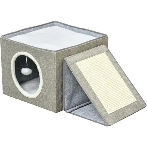 PawHut Maison Niche Pour Chat Pliable - 2 Coussins Moelleux, Boule Suspendue, Grattoir - Dim. 73 X 42 X 34 Cm - MDF Sisal Polyester Gris - Gris 1 PawHut Maison Niche Pour Chat Pliable - 2 Coussins Moelleux, Boule Suspendue, Grattoir - Dim. 73 X 42 X 34 Cm - MDF Sisal Polyester Gris - Gris