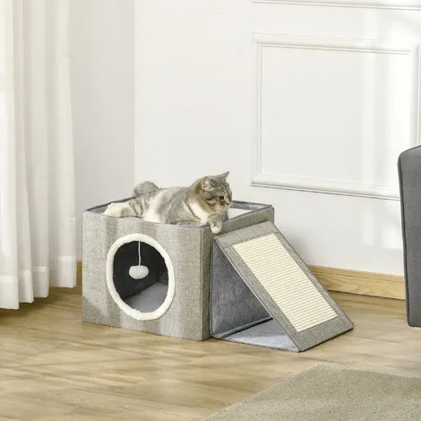 PawHut Maison Niche Pour Chat Pliable - 2 Coussins Moelleux, Boule Suspendue, Grattoir - Dim. 73 X 42 X 34 Cm - MDF Sisal Polyester Gris - Gris 2 PawHut Maison Niche Pour Chat Pliable - 2 Coussins Moelleux, Boule Suspendue, Grattoir - Dim. 73 X 42 X 34 Cm - MDF Sisal Polyester Gris - Gris – Image 2