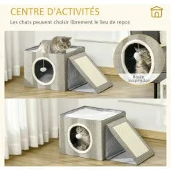 PawHut Maison Niche Pour Chat Pliable - 2 Coussins Moelleux, Boule Suspendue, Grattoir - Dim. 73 X 42 X 34 Cm - MDF Sisal Polyester Gris - Gris 9 PawHut Maison Niche Pour Chat Pliable - 2 Coussins Moelleux, Boule Suspendue, Grattoir - Dim. 73 X 42 X 34 Cm - MDF Sisal Polyester Gris - Gris -PawHut Soldes Boutique 56481282 5