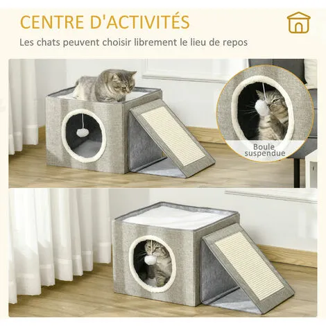 PawHut Maison Niche Pour Chat Pliable - 2 Coussins Moelleux, Boule Suspendue, Grattoir - Dim. 73 X 42 X 34 Cm - MDF Sisal Polyester Gris - Gris 5 PawHut Maison Niche Pour Chat Pliable - 2 Coussins Moelleux, Boule Suspendue, Grattoir - Dim. 73 X 42 X 34 Cm - MDF Sisal Polyester Gris - Gris – Image 5