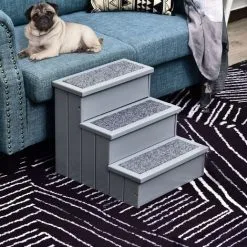PawHut Escalier Pour Chien Animaux Rampe 3 Marches Revêtement Tapis Coffre Interne Rangement Gris -PawHut Soldes Boutique 56842156 4