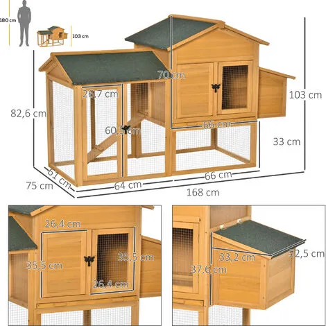 PawHut Poulailler Cottage Cage à Poules Sur Pied Dim. 168L X 75l X 103H Cm Multi-équipement Bois Sapin Pré-huilé 3 PawHut Poulailler Cottage Cage à Poules Sur Pied Dim. 168L X 75l X 103H Cm Multi-équipement Bois Sapin Pré-huilé – Image 3