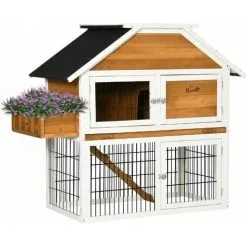 PawHut Clapier à Lapin Cage à Lapin 2 étages - 3 Portes Verrouillables, Plateau Excrément, Rampe, Jardinière - Dim. 123L X 58l X 106H Cm - Sapin Métal