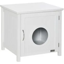 PawHut Maison De Toilette Pour Chat Sur Pied Design Rainuré Porte Entrée Poignée Métal MDF Blanc - Blanc