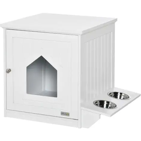 PawHut Maison De Toilette Pour Chat Design Porte Forme Maisonnette - Porte 2 Gamelles Intégré - Dim. 64L X 51l X 51,8H Cm - MDF Blanc 1 PawHut Maison De Toilette Pour Chat Design Porte Forme Maisonnette - Porte 2 Gamelles Intégré - Dim. 64L X 51l X 51,8H Cm - MDF Blanc