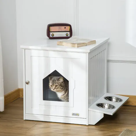 PawHut Maison De Toilette Pour Chat Design Porte Forme Maisonnette - Porte 2 Gamelles Intégré - Dim. 64L X 51l X 51,8H Cm - MDF Blanc 2 PawHut Maison De Toilette Pour Chat Design Porte Forme Maisonnette - Porte 2 Gamelles Intégré - Dim. 64L X 51l X 51,8H Cm - MDF Blanc – Image 2