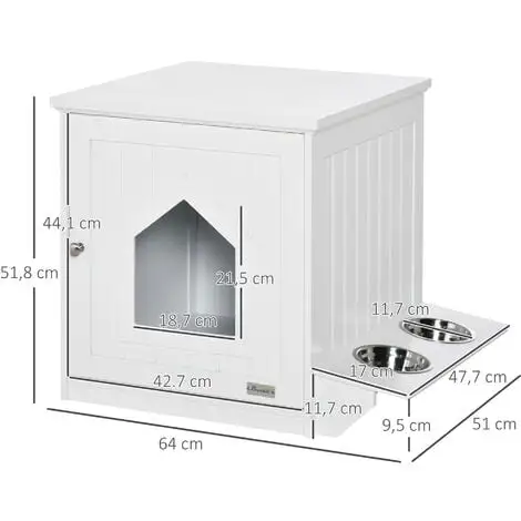 PawHut Maison De Toilette Pour Chat Design Porte Forme Maisonnette - Porte 2 Gamelles Intégré - Dim. 64L X 51l X 51,8H Cm - MDF Blanc 3 PawHut Maison De Toilette Pour Chat Design Porte Forme Maisonnette - Porte 2 Gamelles Intégré - Dim. 64L X 51l X 51,8H Cm - MDF Blanc – Image 3