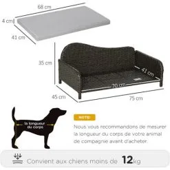 PawHut Canapé Méridienne Chien Chat Style Cosy Chic - Usage Intérieur/extérieur - Coussin Déhoussable Inclus Résine Tressée Gris - Gris -PawHut Soldes Boutique 58393147 3