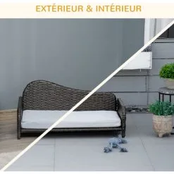 PawHut Canapé Méridienne Chien Chat Style Cosy Chic - Usage Intérieur/extérieur - Coussin Déhoussable Inclus Résine Tressée Gris - Gris -PawHut Soldes Boutique 58393147 5