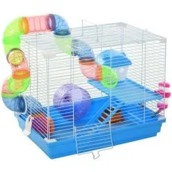 PawHut Cage à Hamster Rongeur 2 Niveaux Avec Tunnel, Biberon Eau, Roue, Maisonnette, échelles - Dim. 46L X 30l X 37H Cm - Métal Blanc PP Bleu - Bleu