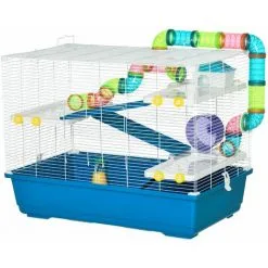 PawHut Grande Cage à Hamsters 4 Niveaux - Tunnels, Abreuvoir, Mangeoire, Roue, Maisonnette, échelles - Dim. 79L X 46l X 60H Cm - Métal PP Bleu Blanc - Bleu