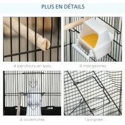 PawHut Cage à Oiseaux Volière Avec Mangeoires Perchoirs Plateau Amovible Dim. 46,5L X 35,5l X 92H Cm Métal PS Noir - Noir -PawHut Soldes Boutique 60193639 4