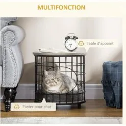 PawHut Panier Chat Cosy Grand Confort Table Basse 2 En 1 Coussin Amovible Acier Noir Panneaux Particules Aspect Bois Gris - Gris -PawHut Soldes Boutique 61063639 5