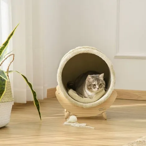 PawHut Maison Pour Chat Design - Niche Chat Panier Chat - Coussin, Grattoir Sisal Jonc De Mer Naturel Inclus - Bois Flanelle Beige - Beige 2 PawHut Maison Pour Chat Design - Niche Chat Panier Chat - Coussin, Grattoir Sisal Jonc De Mer Naturel Inclus - Bois Flanelle Beige - Beige – Image 2
