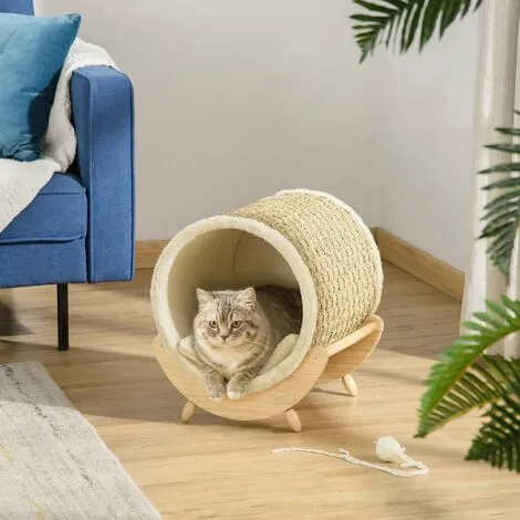 PawHut Maison Pour Chat Design - Niche Chat Panier Chat - Coussin, Grattoir Sisal Jonc De Mer Naturel Inclus - Bois Flanelle Beige - Beige 4 PawHut Maison Pour Chat Design - Niche Chat Panier Chat - Coussin, Grattoir Sisal Jonc De Mer Naturel Inclus - Bois Flanelle Beige - Beige – Image 4