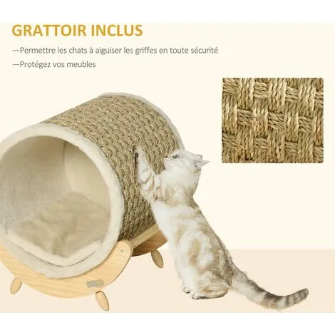 PawHut Maison Pour Chat Design - Niche Chat Panier Chat - Coussin, Grattoir Sisal Jonc De Mer Naturel Inclus - Bois Flanelle Beige - Beige 5 PawHut Maison Pour Chat Design - Niche Chat Panier Chat - Coussin, Grattoir Sisal Jonc De Mer Naturel Inclus - Bois Flanelle Beige - Beige – Image 5