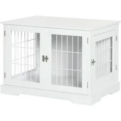 PawHut Cage Pour Chien Animaux Table D'appoint 2 En 1 - 2 Portes Verrouillables - Dim. 76L X 54,5l X 56H Cm - MDF Acier Blanc - Blanc
