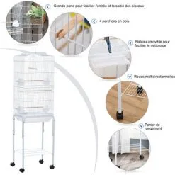 PawHut Cage à Oiseaux Sur Pied Volière Oiseaux Sur Roulettes Avec Toit Ouvrant 3 Perchoirs étagère Inférieure 46,5 X 36 X 157 Cm - Blanc -PawHut Soldes Boutique 67535281 5