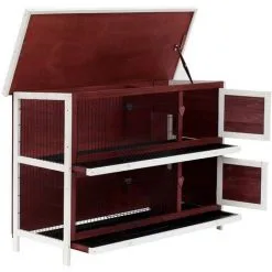 PawHut Clapier Sur Pieds Cage à Lapin Double Niveau Plateaux Excréments Coulissants 4 Portes Verrouillables Toit Ouvrant 136L X 50l X 93H Cm Rouge Brique - Rouge