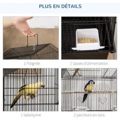 PawHut Cage à Oiseaux Design Maison Perchoirs Mangeoires Balançoire 3 Portes Plateau Excrément Amovible + Poignée Transport Métal Noir - Noir -PawHut Soldes Boutique 68959113 5