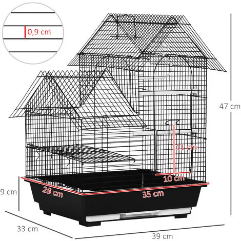 PawHut Cage à Oiseaux Design Maison Mangeoires Perchoirs Balançoire 2 Portes Plateau Excrément Amovible + Poignée Transport Métal Noir - Noir 3 PawHut Cage à Oiseaux Design Maison Mangeoires Perchoirs Balançoire 2 Portes Plateau Excrément Amovible + Poignée Transport Métal Noir - Noir – Image 3