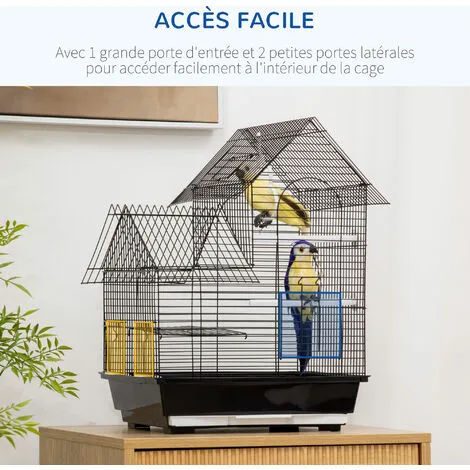 PawHut Cage à Oiseaux Design Maison Mangeoires Perchoirs Balançoire 2 Portes Plateau Excrément Amovible + Poignée Transport Métal Noir - Noir 5 PawHut Cage à Oiseaux Design Maison Mangeoires Perchoirs Balançoire 2 Portes Plateau Excrément Amovible + Poignée Transport Métal Noir - Noir – Image 5