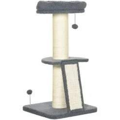 PawHut Arbre à Chat 3 Griffoirs Grattoirs Sisal Naturel Plateforme Panier 2 Boules Suspendues Peluche Haute Densité 220 G/m² Gris - Gris