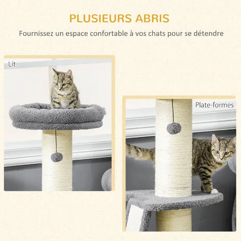 PawHut Arbre à Chat 3 Griffoirs Grattoirs Sisal Naturel Plateforme Panier 2 Boules Suspendues Peluche Haute Densité 220 G/m² Gris - Gris 4 PawHut Arbre à Chat 3 Griffoirs Grattoirs Sisal Naturel Plateforme Panier 2 Boules Suspendues Peluche Haute Densité 220 G/m² Gris - Gris – Image 4