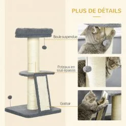 PawHut Arbre à Chat 3 Griffoirs Grattoirs Sisal Naturel Plateforme Panier 2 Boules Suspendues Peluche Haute Densité 220 G/m² Gris - Gris 9 PawHut Arbre à Chat 3 Griffoirs Grattoirs Sisal Naturel Plateforme Panier 2 Boules Suspendues Peluche Haute Densité 220 G/m² Gris - Gris -PawHut Soldes Boutique 69767316 5