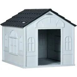 PawHut Niche Chien Style Cottage Dim. 65L X 75l X 63H Cm - Motifs Fenêtres, Porte, Aération - PP Blanc Gris - Blanc