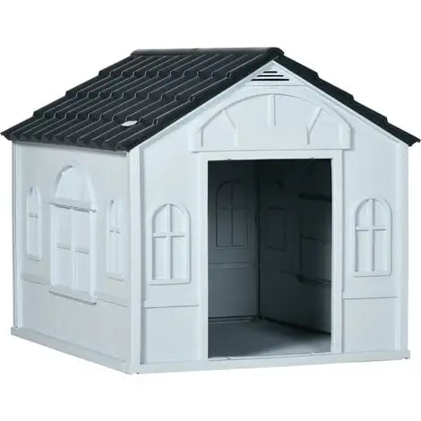 PawHut Niche Chien Style Cottage Dim. 65L X 75l X 63H Cm - Motifs Fenêtres, Porte, Aération - PP Blanc Gris - Blanc 1 PawHut Niche Chien Style Cottage Dim. 65L X 75l X 63H Cm - Motifs Fenêtres, Porte, Aération - PP Blanc Gris - Blanc