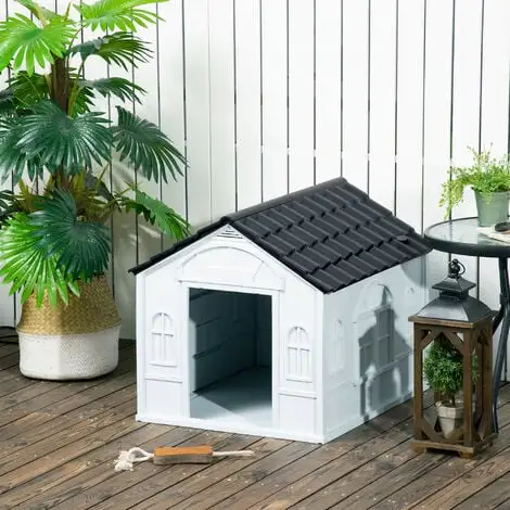 PawHut Niche Chien Style Cottage Dim. 65L X 75l X 63H Cm - Motifs Fenêtres, Porte, Aération - PP Blanc Gris - Blanc 2 PawHut Niche Chien Style Cottage Dim. 65L X 75l X 63H Cm - Motifs Fenêtres, Porte, Aération - PP Blanc Gris - Blanc – Image 2