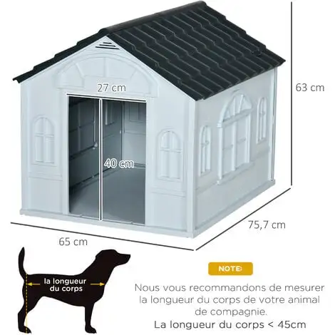 PawHut Niche Chien Style Cottage Dim. 65L X 75l X 63H Cm - Motifs Fenêtres, Porte, Aération - PP Blanc Gris - Blanc 3 PawHut Niche Chien Style Cottage Dim. 65L X 75l X 63H Cm - Motifs Fenêtres, Porte, Aération - PP Blanc Gris - Blanc – Image 3