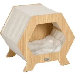 PawHut Maison Pour Chat Design Hexagonal - Niche Chat Panier Chat - Coussin Fourrure Amovible, Grattoir Jute Naturelle - Contreplaqué Aspect Bois Clair - Beige