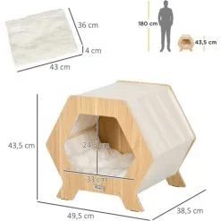 PawHut Maison Pour Chat Design Hexagonal - Niche Chat Panier Chat - Coussin Fourrure Amovible, Grattoir Jute Naturelle - Contreplaqué Aspect Bois Clair - Beige -PawHut Soldes Boutique 72845740 3