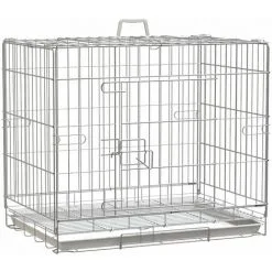 PawHut Cage Pour Chien Pliable - Plateau Excrément Coulissant - 2 Portes Verrouillable, Poignée - Dim. 61L X 43l X 50H Cm - Fer Galvanisé PP Blanc - Blanc