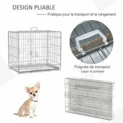 PawHut Cage Pour Chien Pliable - Plateau Excrément Coulissant - 2 Portes Verrouillable, Poignée - Dim. 61L X 43l X 50H Cm - Fer Galvanisé PP Blanc - Blanc -PawHut Soldes Boutique 72873193 5